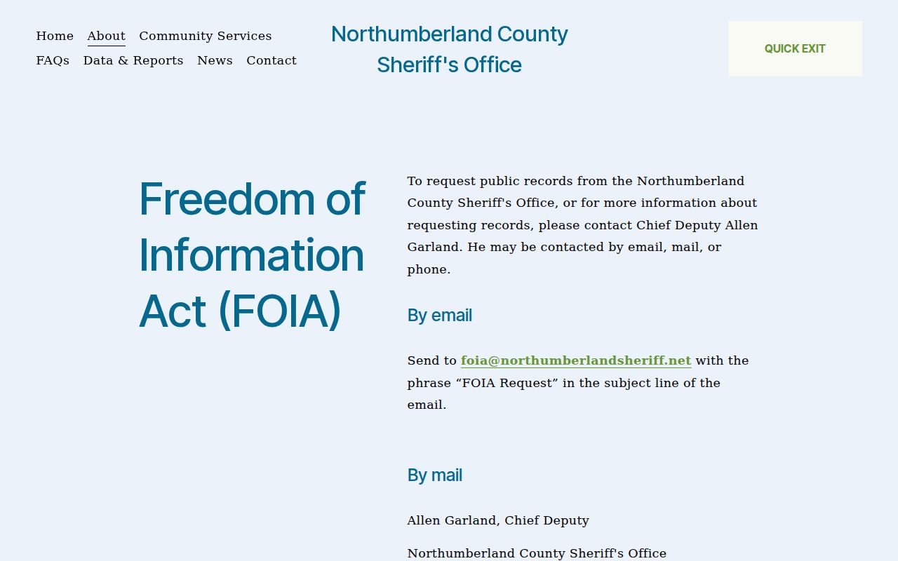 Northumberland County sheriff FOIA request route for warrant records