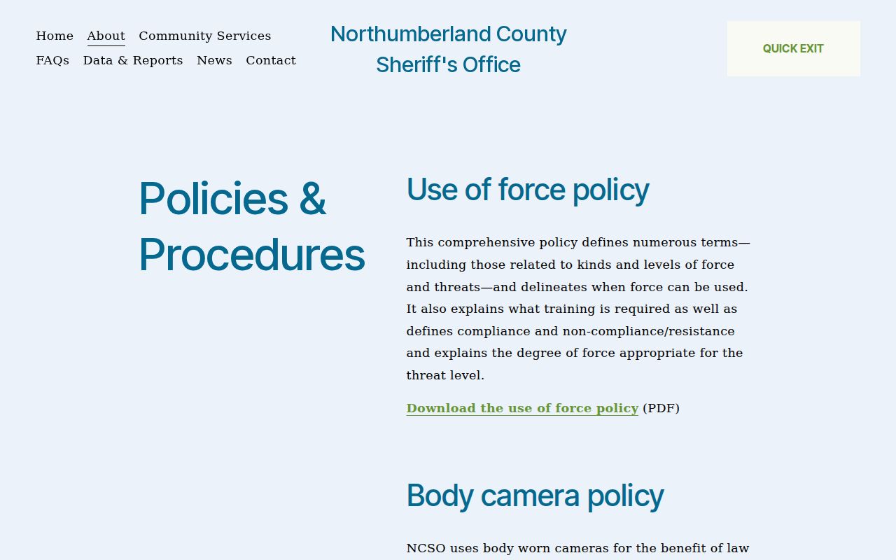 Northumberland County sheriff policy context for arrest warrant service