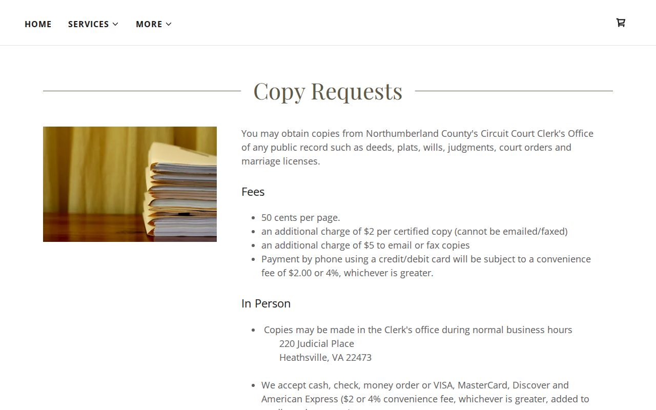 Northumberland County Circuit Court copy fees for warrant case records