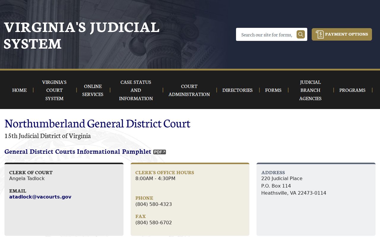 Northumberland County General District Clerk for bench warrant case records