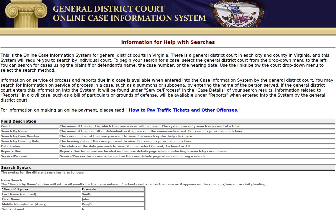 Northumberland County traffic warrant case search field guidance