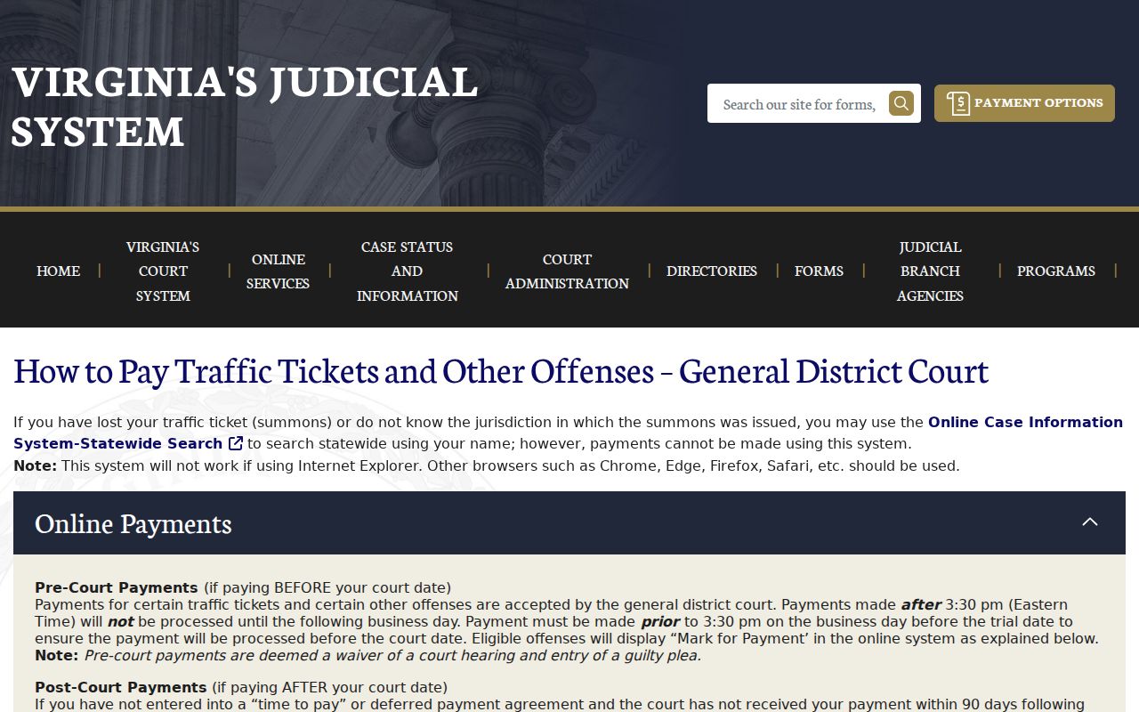 Northumberland County traffic warrant case search and Virginia payment route