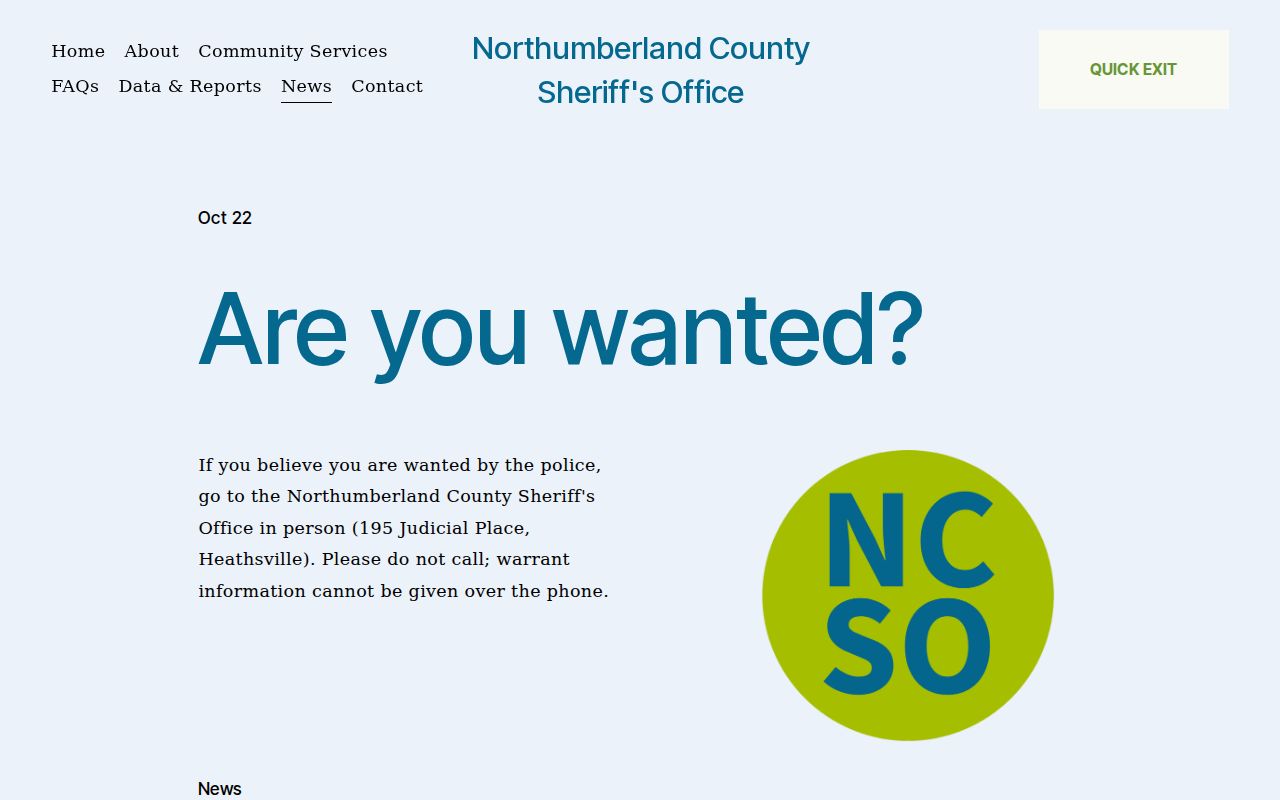 Northumberland County warrant check notice at the Sheriff's Office